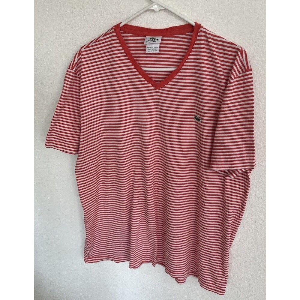 Lacoste Womens V-Neck Striped T-Shirt Sz 8 Orange Cream Croc Logo Sporty Chic